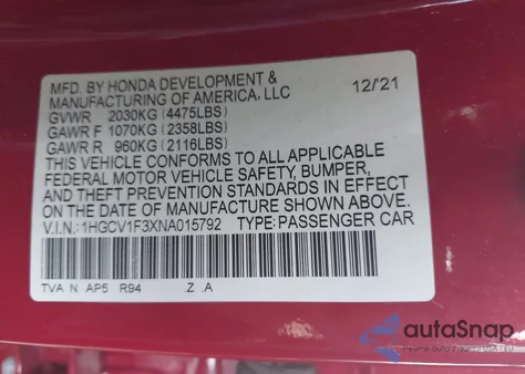 2022 Honda Accord Sport z USA, uszkodzony, nr VIN 1HGCV1F3XNA015792